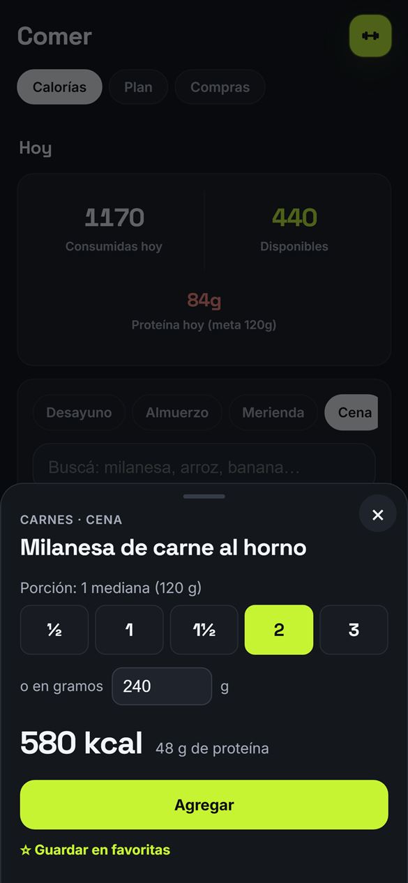 Registrar una milanesa al horno: elegir cuántas porciones y ver las calorías