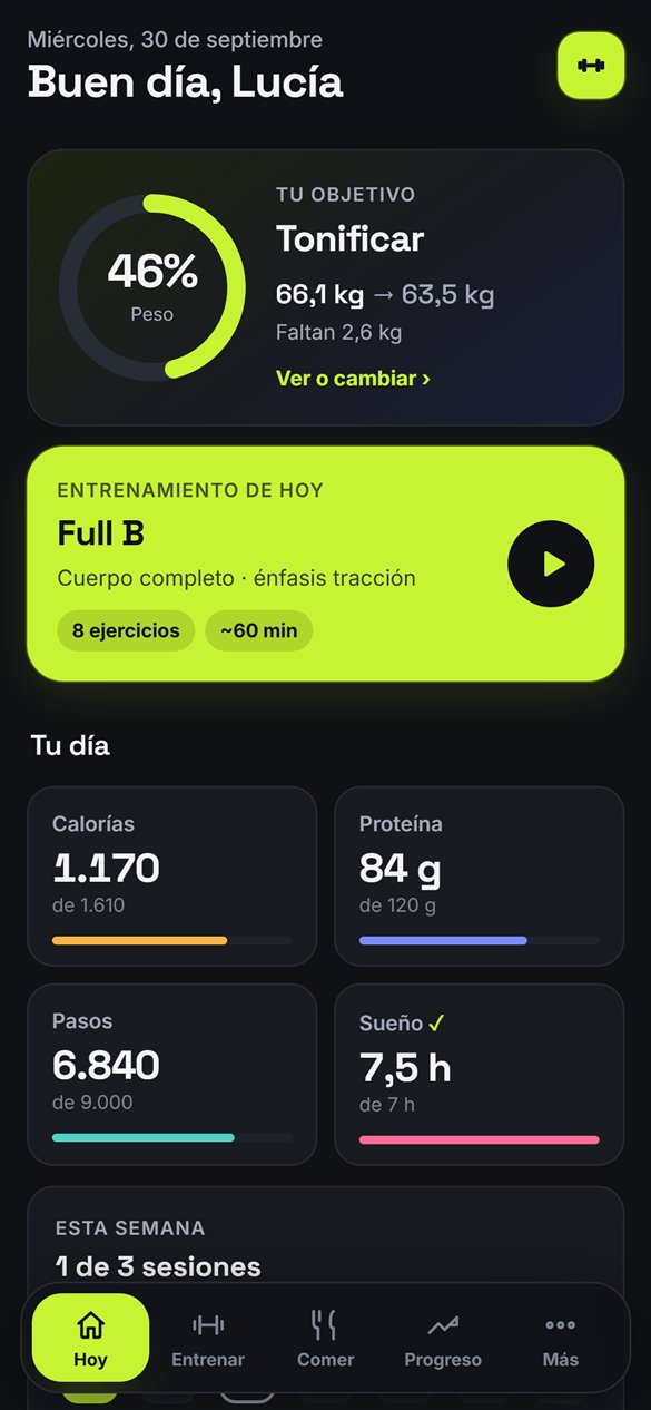 Pantalla de inicio de Método Recomp: objetivo, entrenamiento de hoy y resumen del día