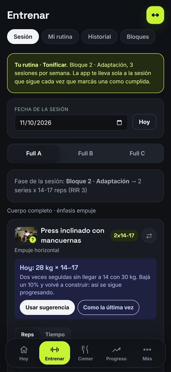 Sesión: la sugerencia de hoy con los botones Usar sugerencia y Como la última vez